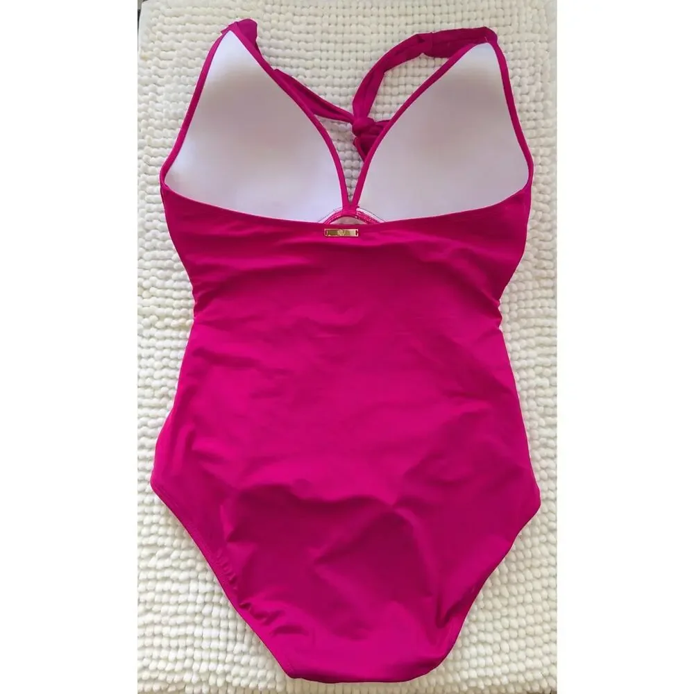 Lauren Ralph Women's One Piece Swimsuit Pink Beach Club Halter Tummy Control